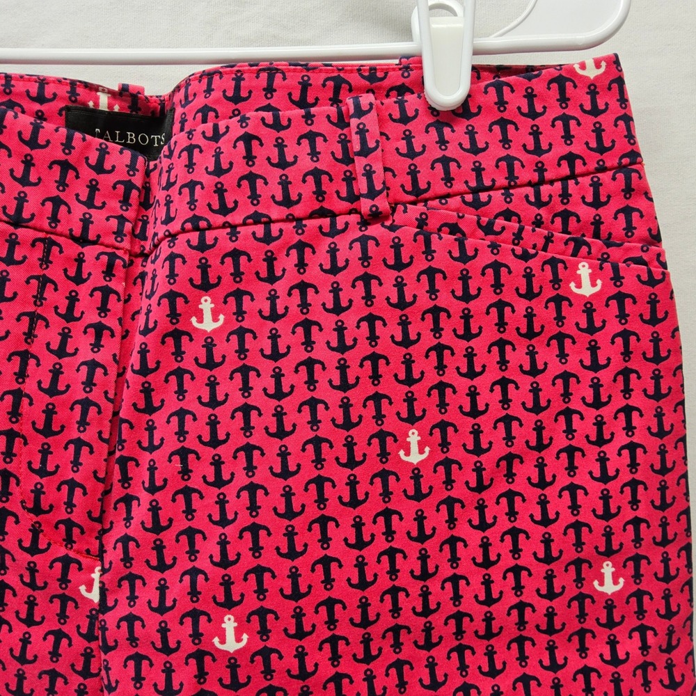 Talbots Bermuda Shorts Womens 10 Red Anchor Print Nautical Cotton Stretch Mid Ri